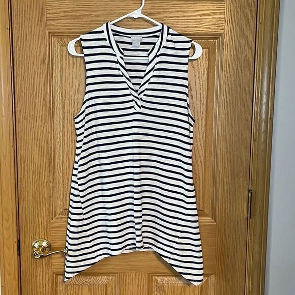Chico's Tops - Chico’s Blue White Striped Shark Bite Hem Sleeveless Top Medium
